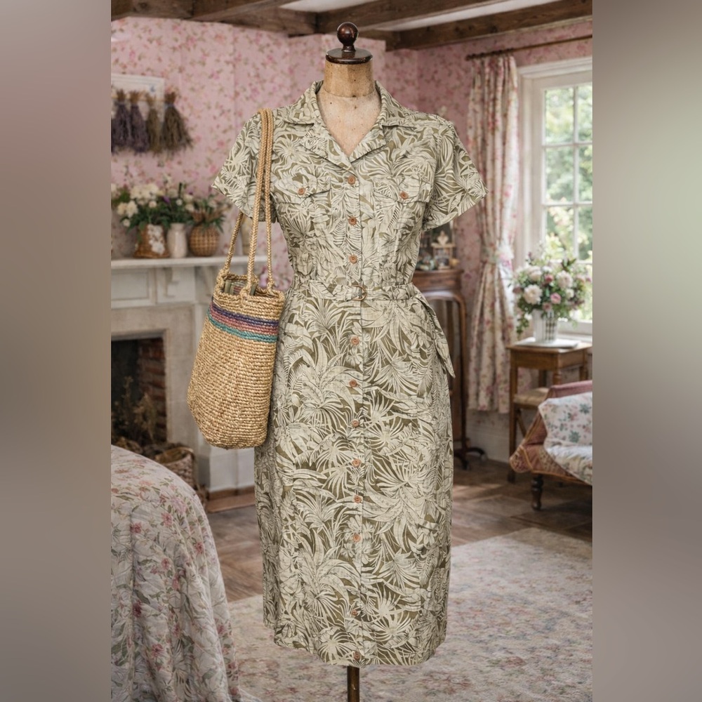 Vintage Late 1970s Early 80s Green Tropical Print Cotton Midi Dress